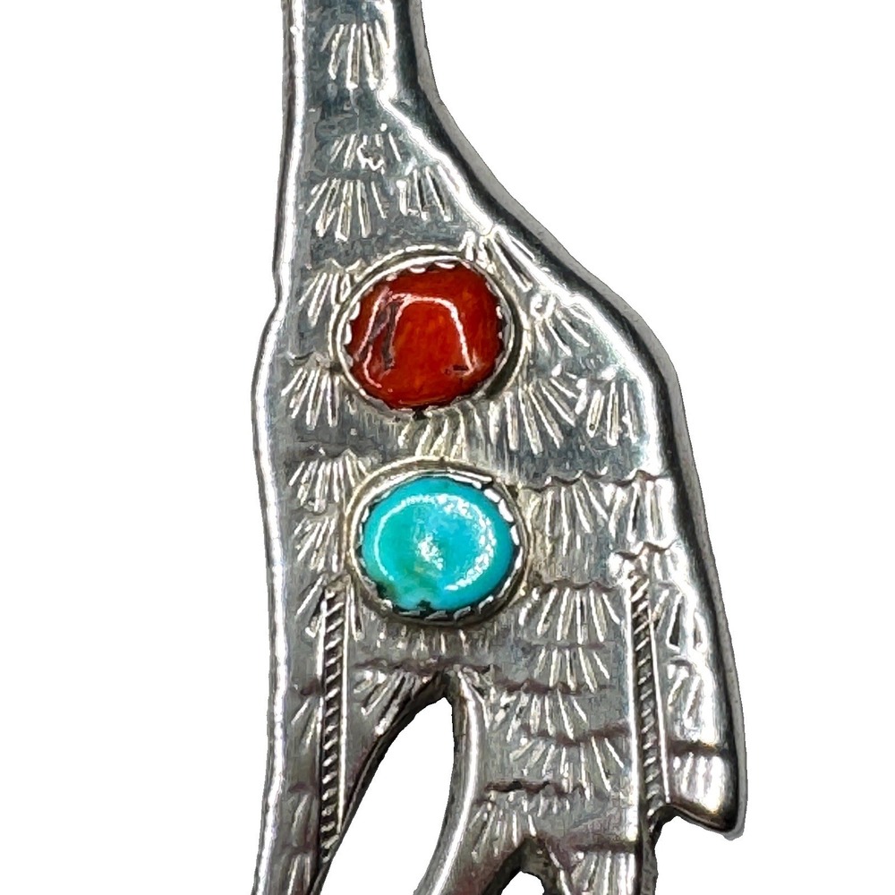 Navajo Huge Sterling Silver Giraffe Brooch Turquoise & Coral 16.4g - Picture 9 of 10